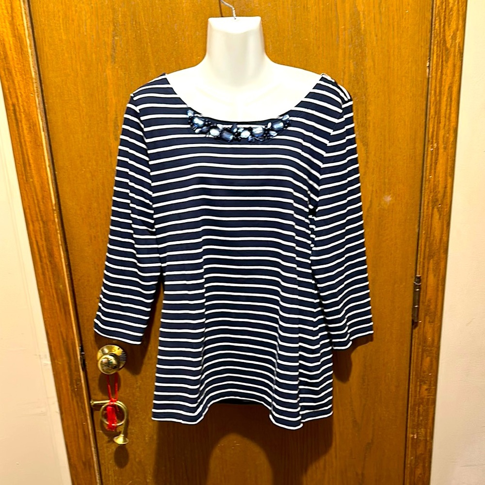 Banana Republic Blue and White Embellished 3/4 Sleeve Blouse beaded xl